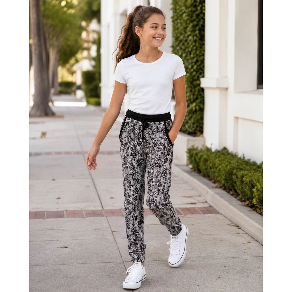 Justice‎ Girls Black White Floral Paisley Jogger Pants Size 10